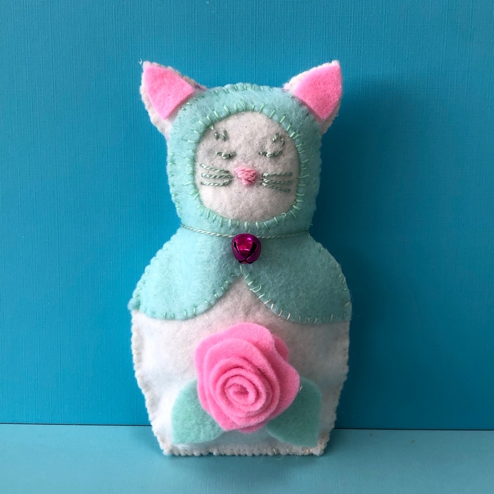 White felt  Matryoshka Cat "Catryoshka" doll hand-sewn mint rose bell ornament